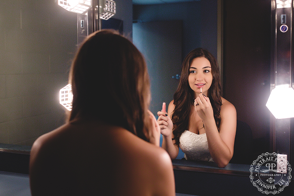 Sheas senior portrait in dressing room by make up lights by portrait pretty photography